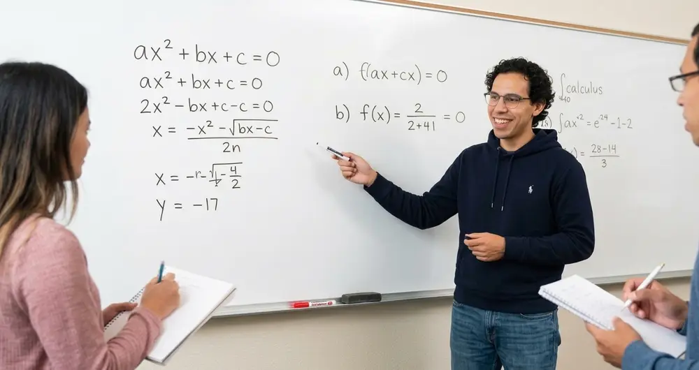 Nico working through algebra at the whiteboard with two students